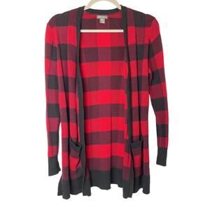 Eddie Bauer Buffalo Plaid Open Front Cardigan Sweater Size XS Red Black Fall